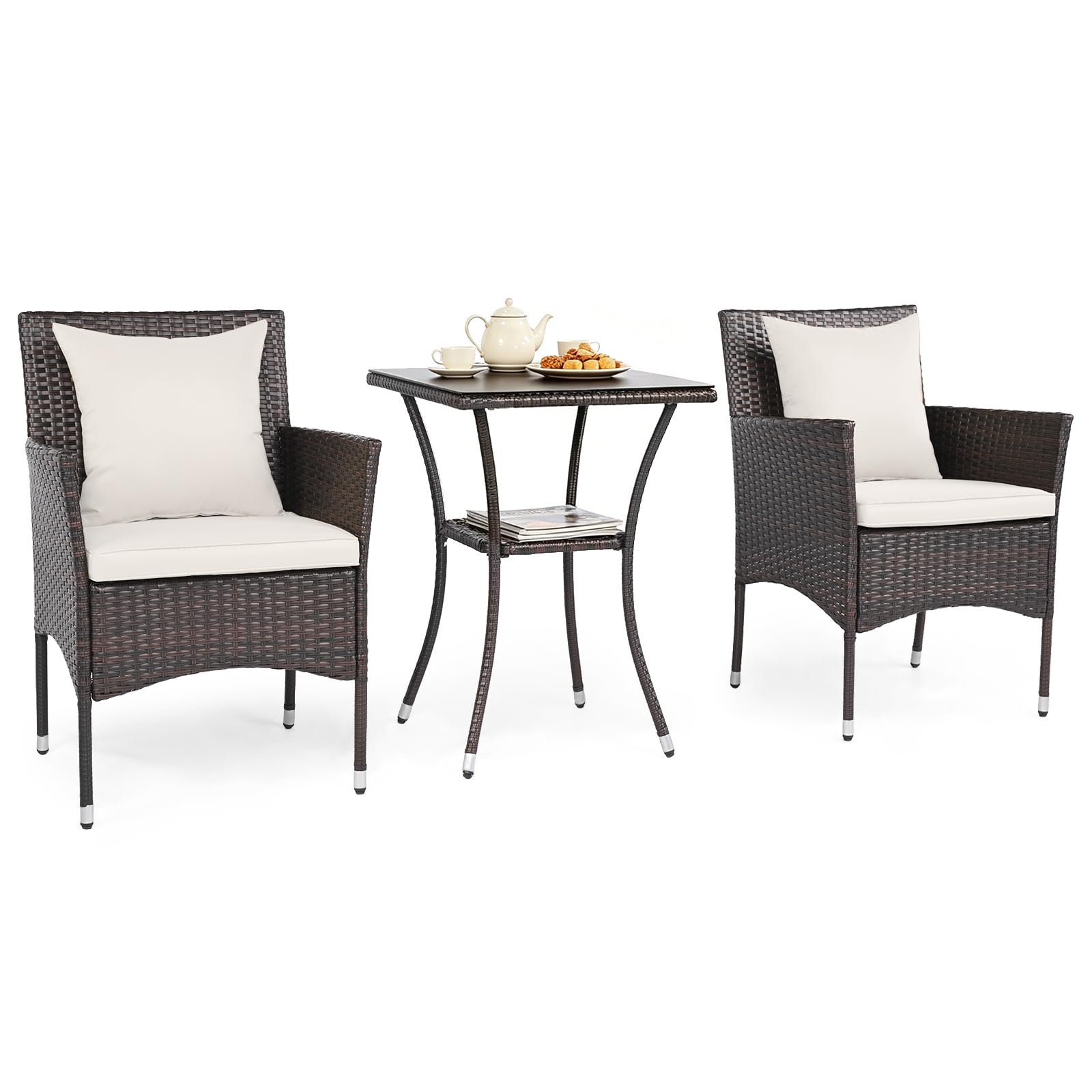 GIANTEX Salotto da Giardino 3 Pezzi, Set Giardino Esterno in PE Rattan con 2 Divanetti e 1 Tavolino in Vetro Temperato a 2 Ripiani, Set da Conversazione con Cuscini per Terrazza e Piscina (Bianco)