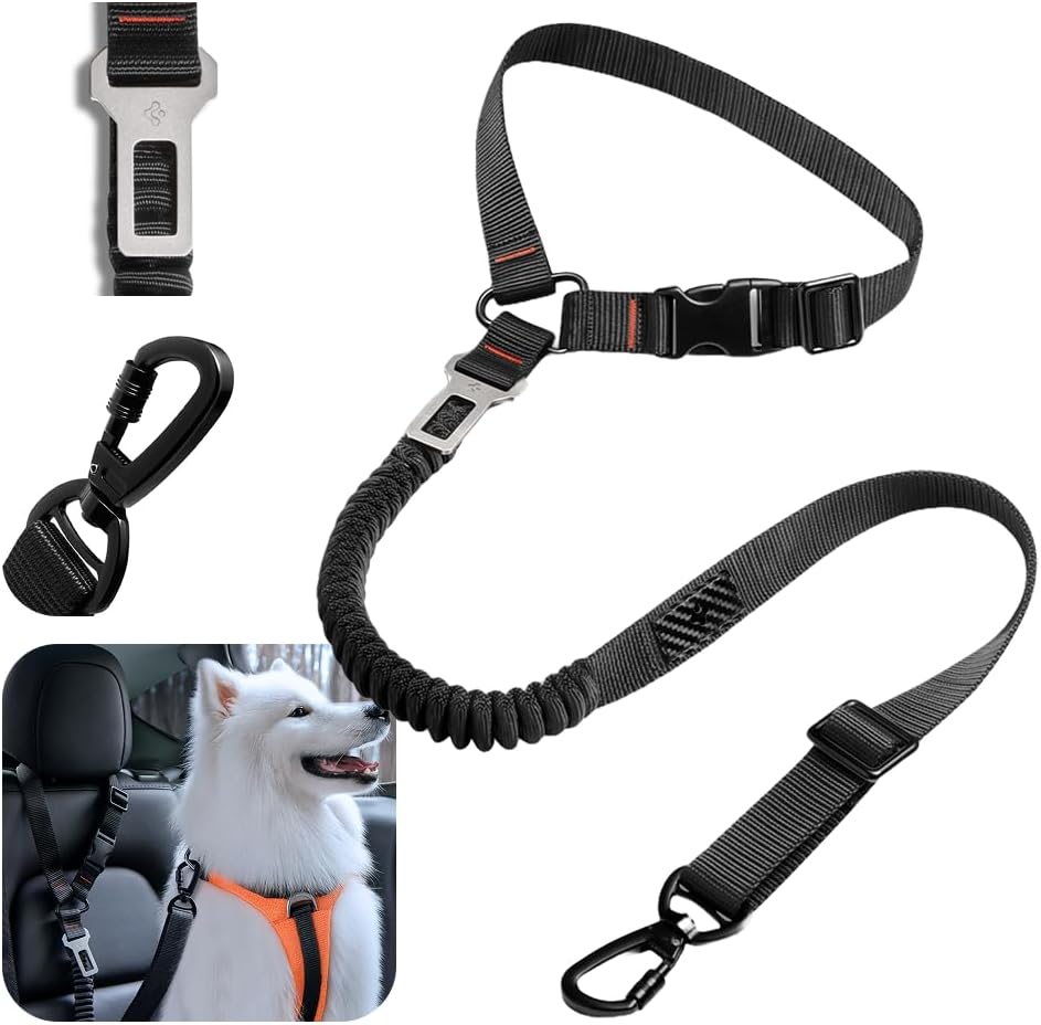 Spigen 2 in 1 Car Seat Belt Tether for Dogs (Headrest & Seatbelt Buckle) | High-Strength Heavy-Duty Strap | Adjustable Anti-Shock Bungee Leash