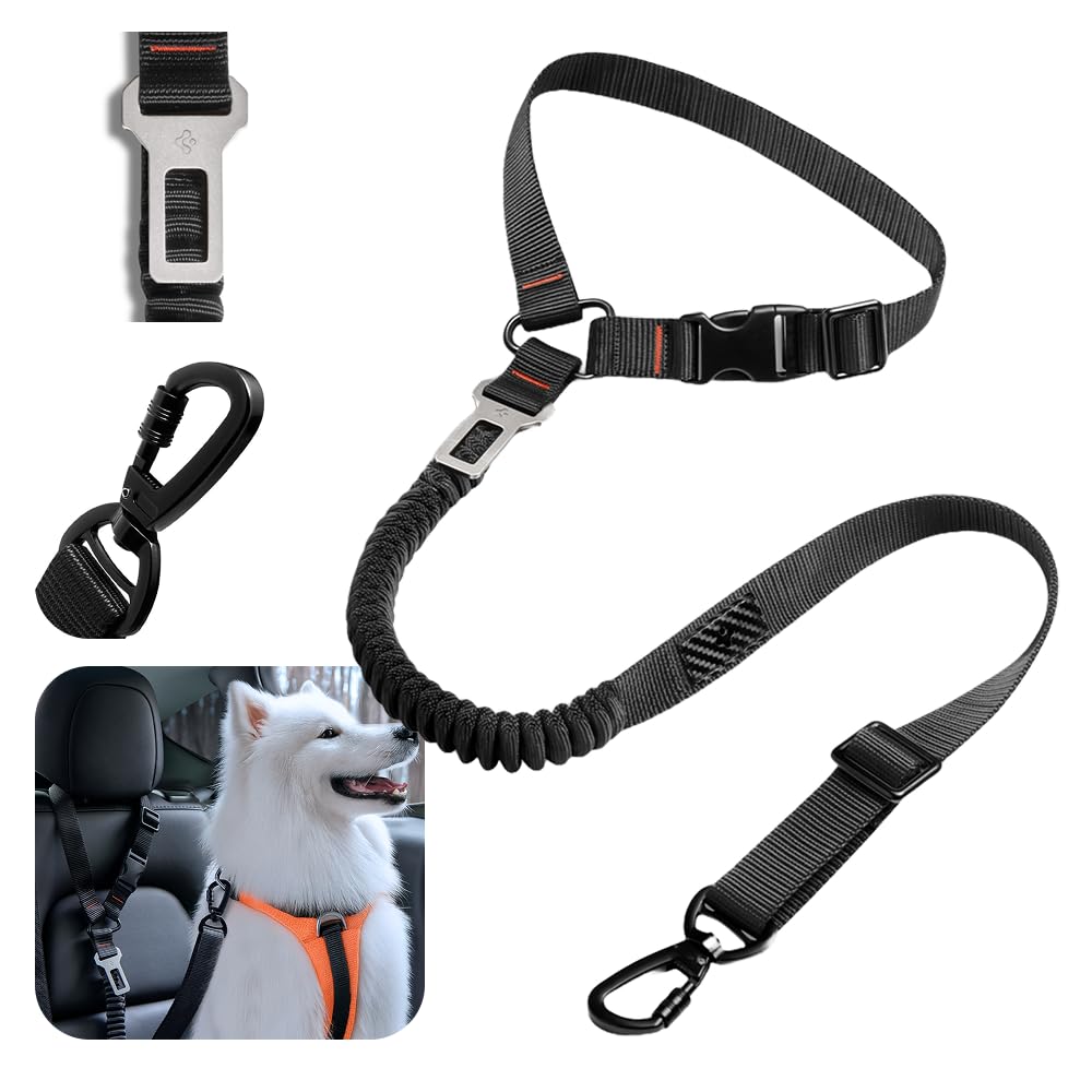 Spigen 2 in 1 Car Seat Belt Tether for Dogs (Headrest & Seatbelt Buckle) | High-Strength Heavy-Duty Strap | Adjustable Anti-Shock Bungee Leash