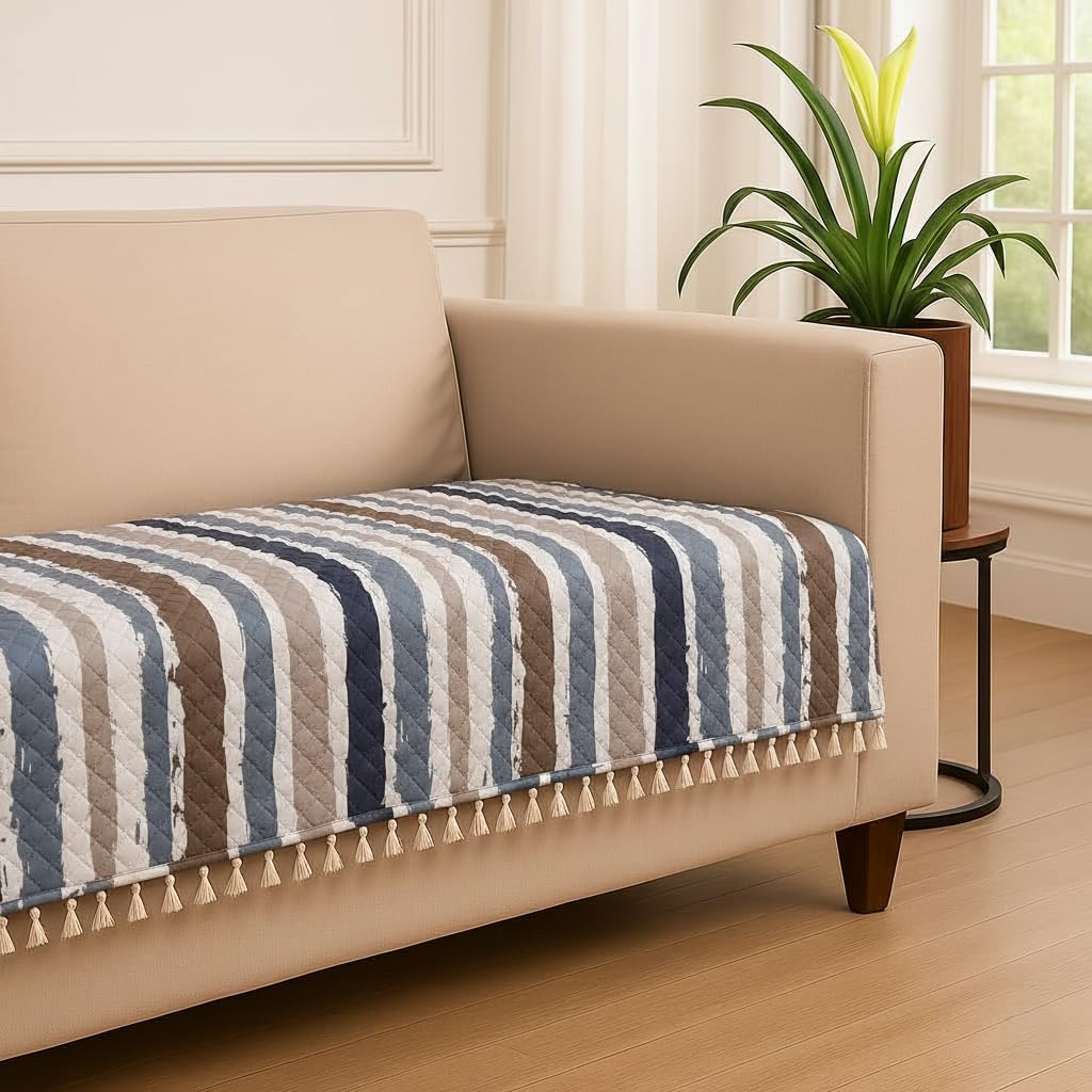 House Urbane Multi Lining Velvet 2 Seater Sofa Cover with Tassels | Quilted Anti-Slip Sofa Protector for Living Room | Was