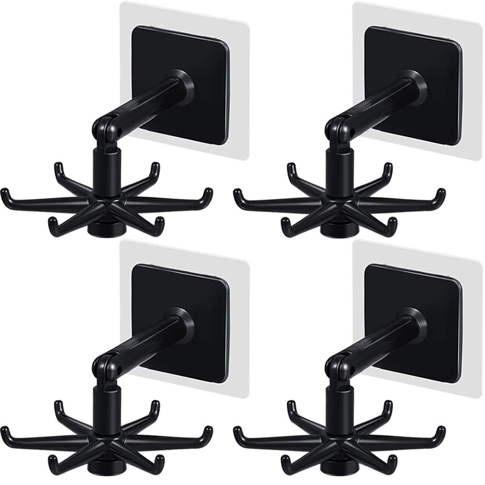 Photo 1 of 2 pack LELE LIFE Adhesive Hooks, Space-Saving 360 Degree Rotating Folding Hook 6-Claw, Heavy Duty Wall Hooks, Sticky Hook Vertical Flip Hook for Kitchen Bathroom, Black, 4 Pack