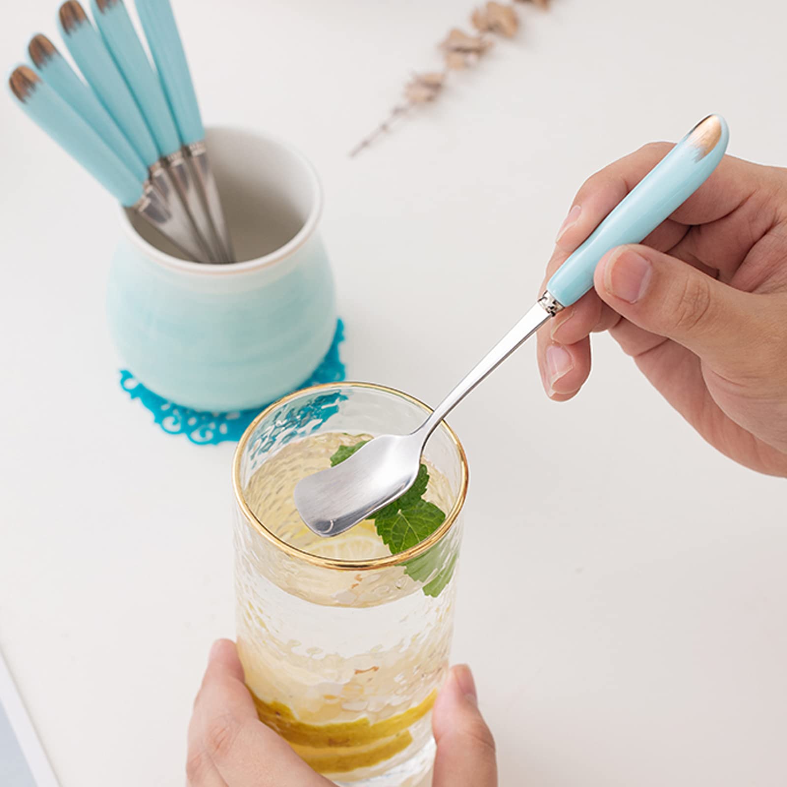 Exquisita cerámica, juego de tenedor y cuchara de acero inoxidable con mango de cerámica, juego de cuchara de tenedor de pastel de fruta de postre, tenedor de fruta de acero inoxidable, tenedor de ens