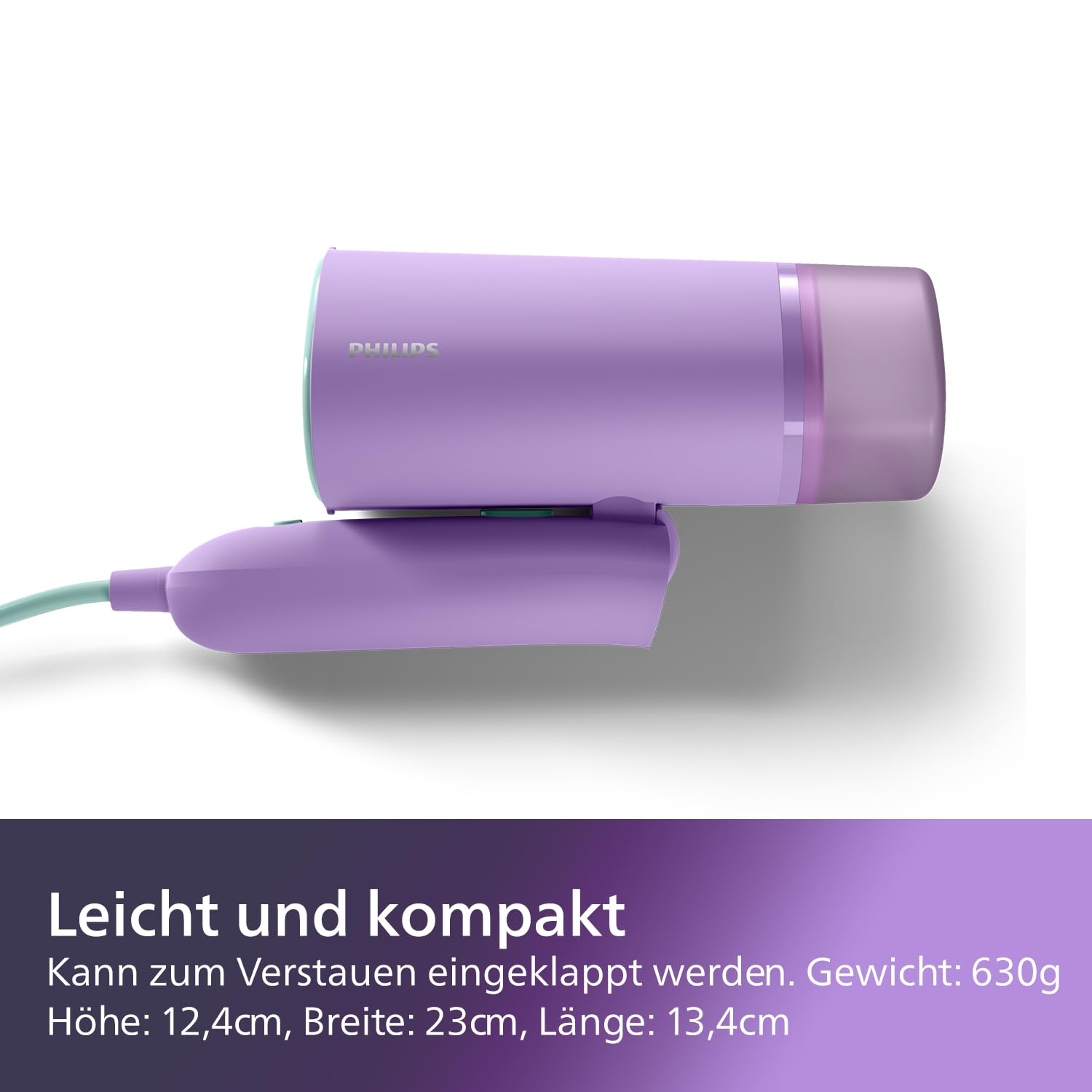 Philips 3000-Serie Tragbarer Dampfglätter - 1000 W, Dampfleistung 20 g/min, 100ml Wassertank, Kein Bügelbrett erforderlich, Inklusive Aufbewahrungstasche, 630g geringes Gewicht, Lila (STH3010/30)