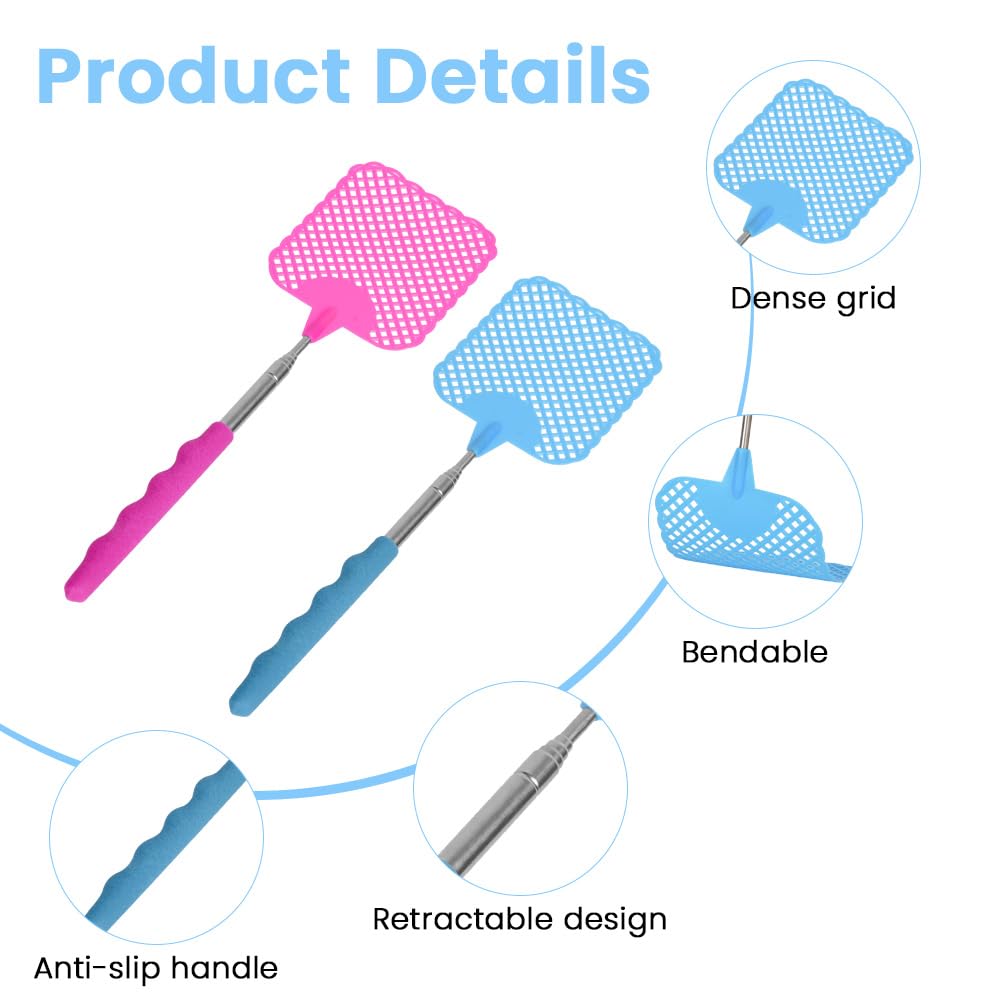 Scacciamosche Estensibile, 6 Pezzi Manuale Paletta Mosche Manico Telescopico Acciaio Inossidabile Regolabile da 26.5cm a 73cm Robusto Scaccia Mosche per Prevenire Mosche Zanzare (Multicolore)