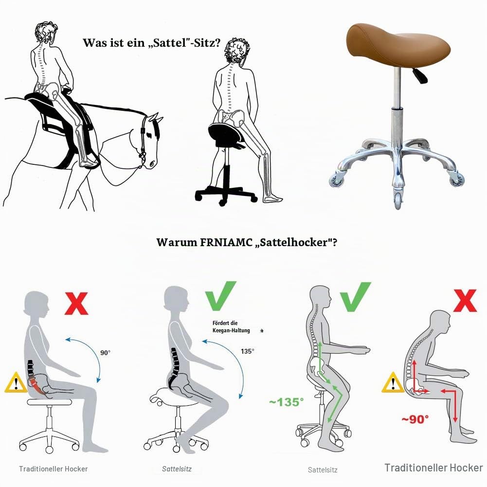 Professioneller Sattelhocker mit Rollen, ergonomisch, drehbar und höhenverstellbar, für Klinik, Zahnarzt, Schönheitssalon, Tattoo, Büro (Camel)