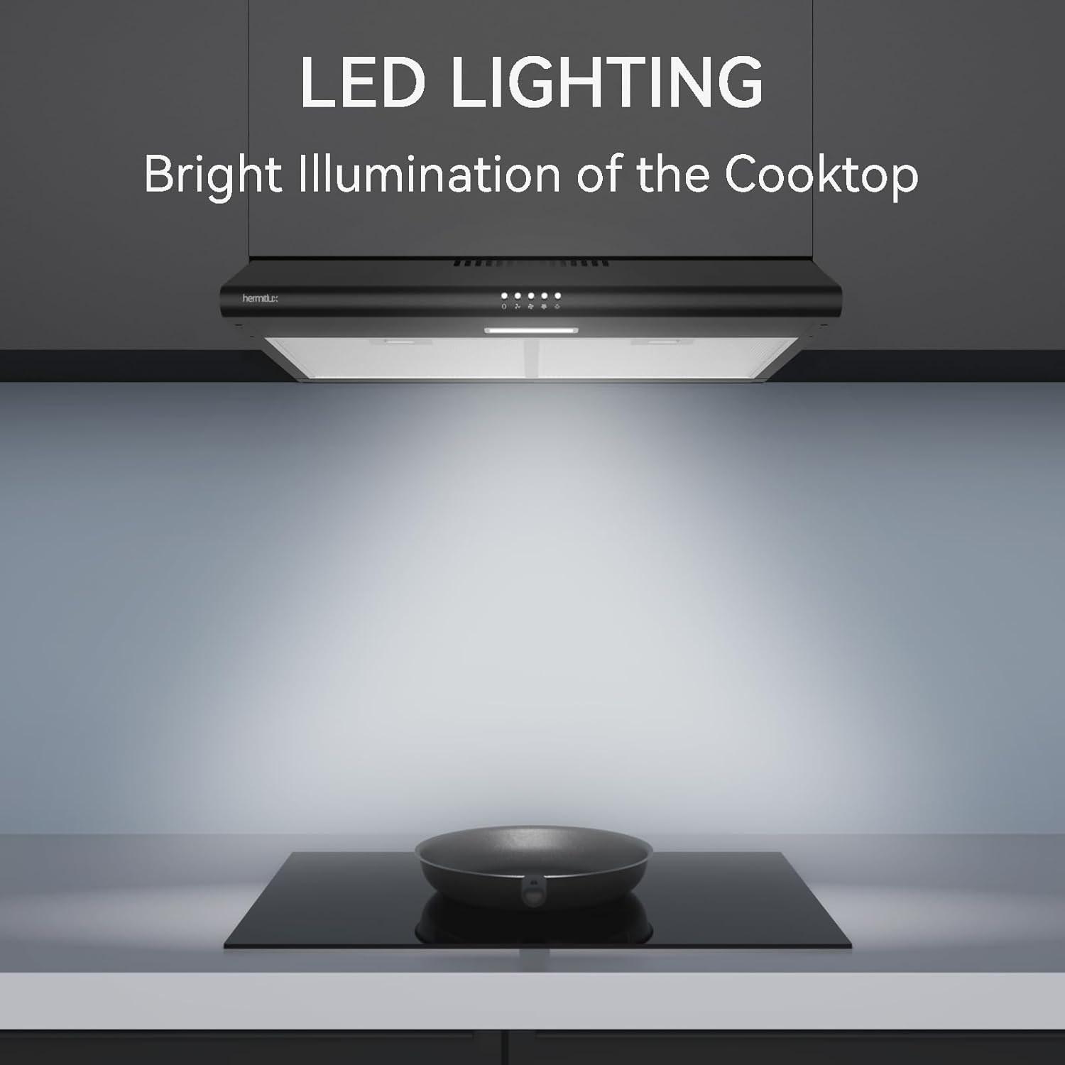 The range hood's LED light illuminating a cooktop below, showing bright and clear visibility.