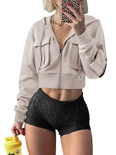 Women's Zip Up Hoodies Sweatshirts Fleece Cropped Hooded Sweatshirts Zip