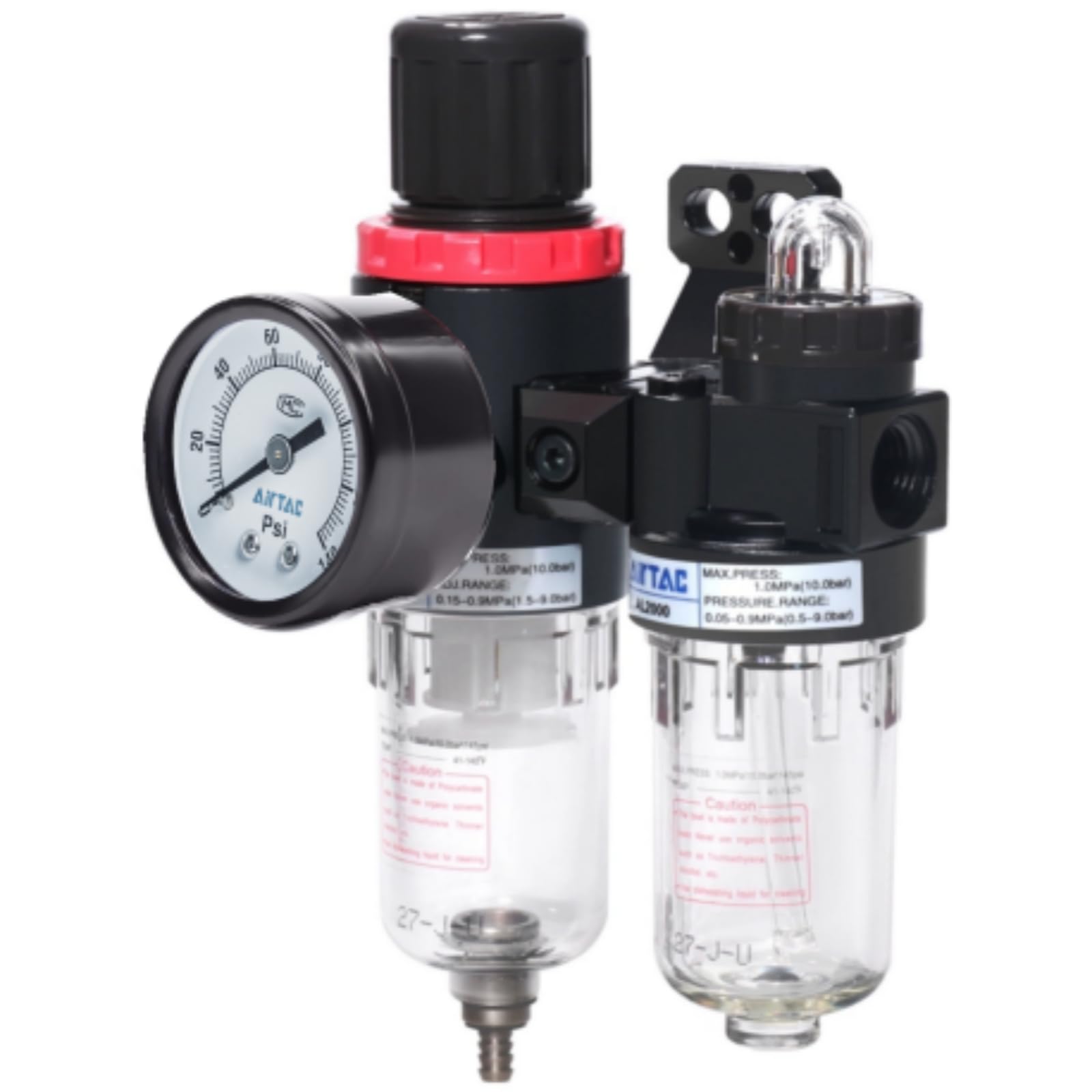 Combo filtr sprężonego powietrza, 0,6 cm NPT Airtac AFC20002T rozdzielacz syfonu wody/oleju - manometr (0-140 psi), miska polietylenowa, stojak, półautomatyczny spust