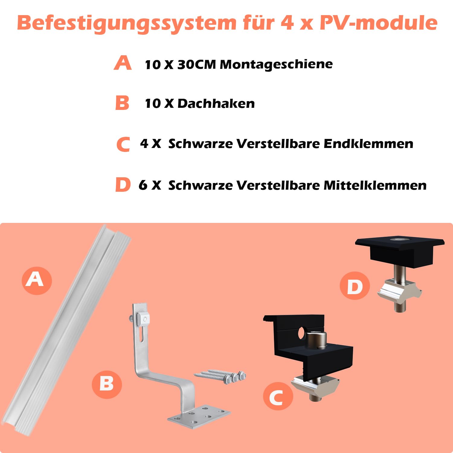Photovoltaik Ziegeldach Befestigungssystem,Solar Alu Halterung Befestigung Schiene Dachhaken PV für 4 Module,Solarmodule Halterung Montageschiene Set für Solar Panel Verstellbar 30-35MM Dick