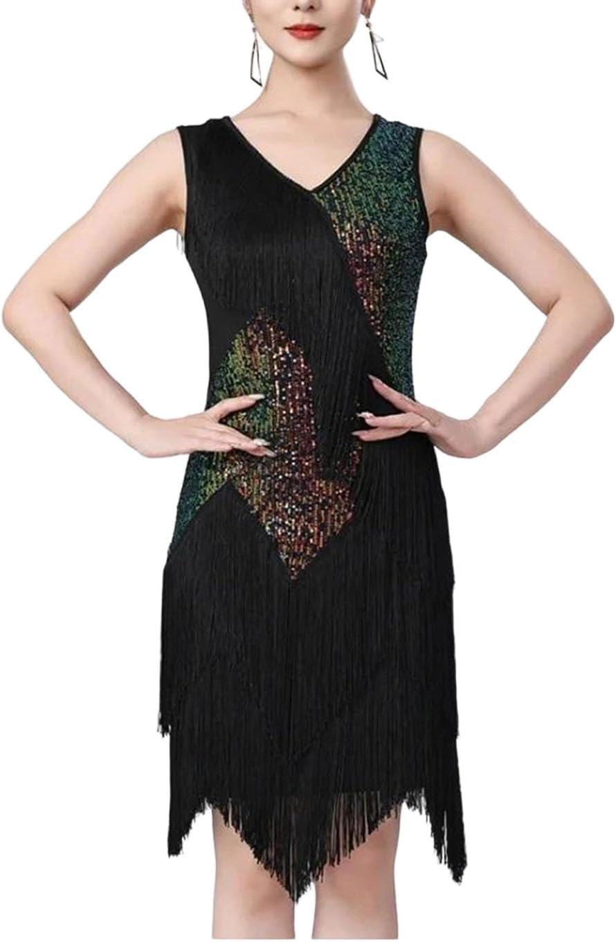Women Vintage Sequin Tassel Latin Dress Winter Sleeveless Patchwork Long Fringe Outfit