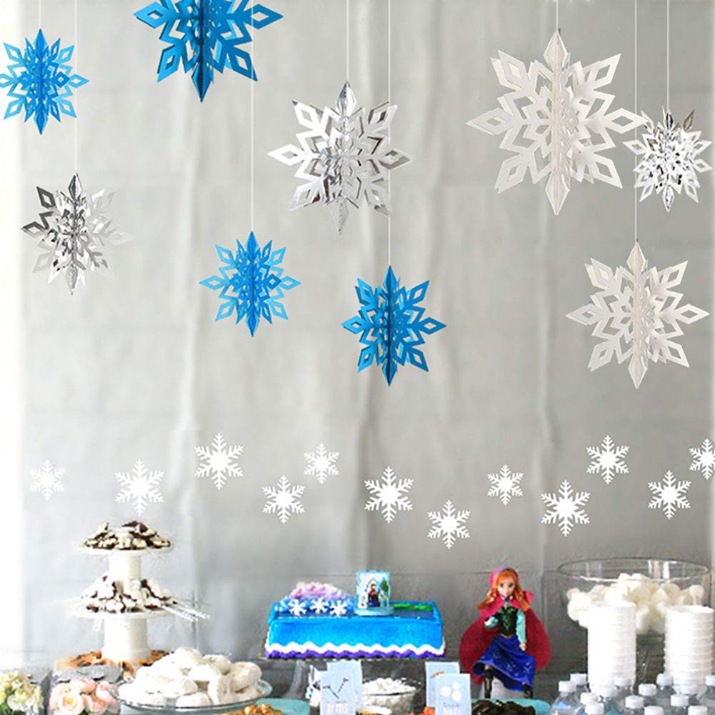 30Pcs Snowflake Christmas Hanging Party Decor Supplies 18PCS 3D Silver Snowflakes & 12PCS White Paper Snowflakes Hanging Garland for Christmas Winter Holiday New Year Wonderland Party Home Decoration