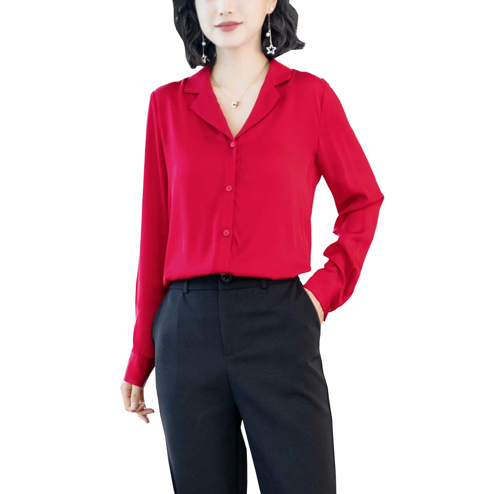 Valin Blusa de seda para mujer, camisa de seda sólida, con botones, blusa de manga larga, solapa de seda, S3302