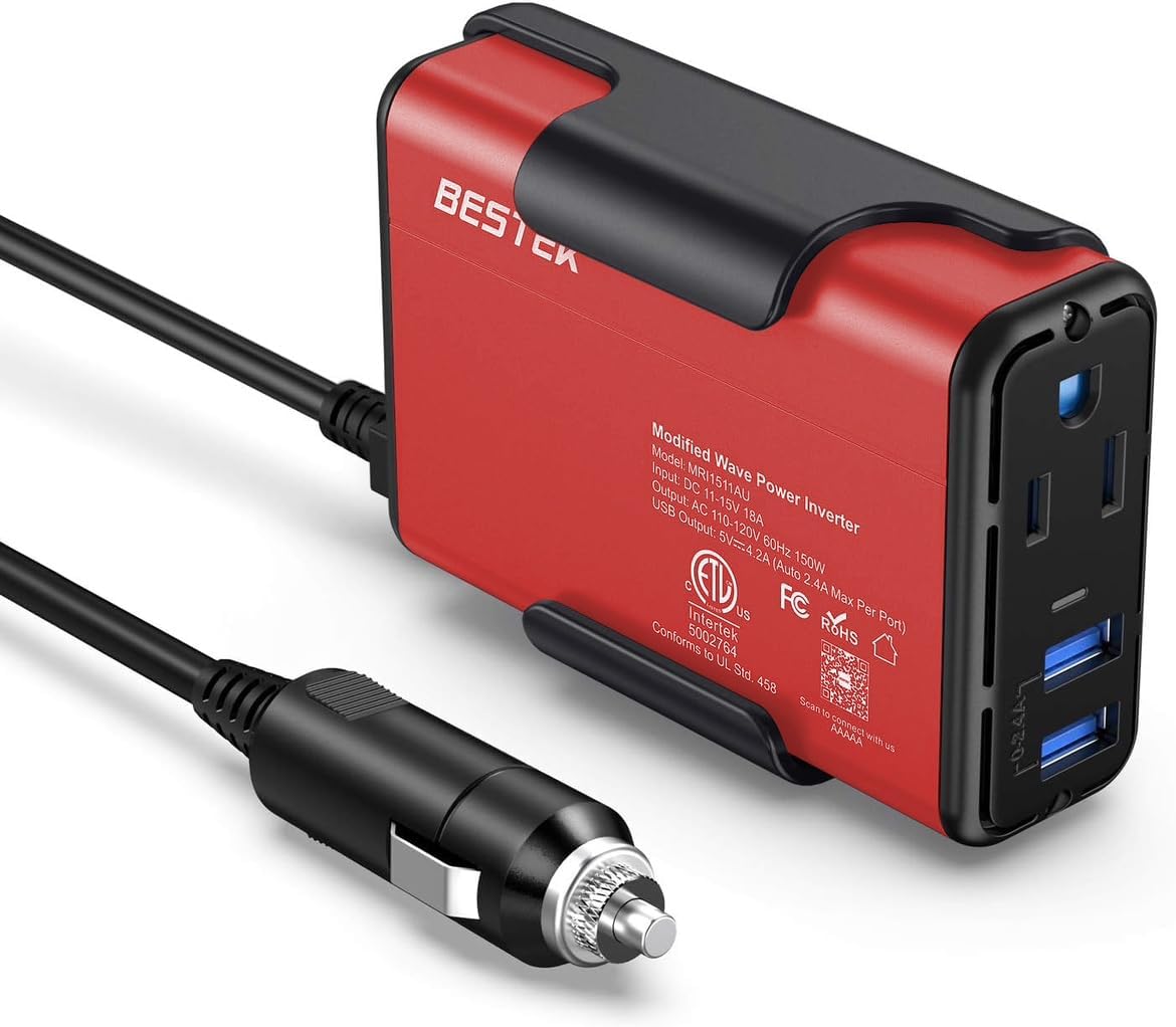 BESTEK 150W Power Inverter DC 12V to 110V AC Converter 4.2A Dual USB Car Plug Adapter Outlet Converter (Gray)