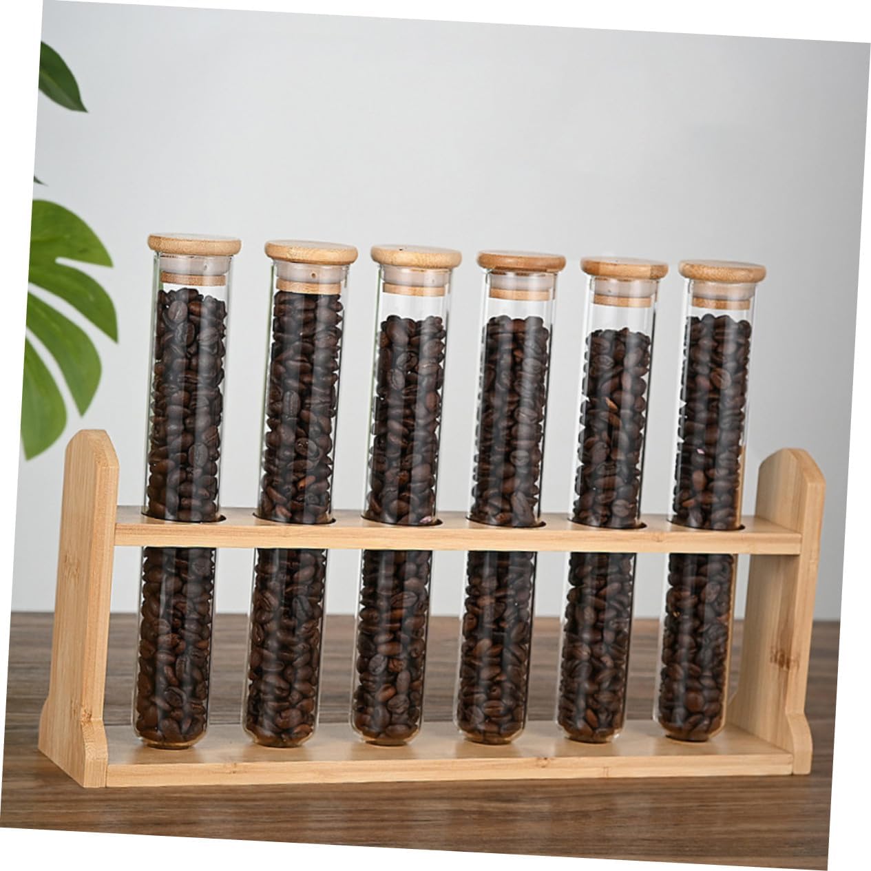 Clear Glass Coffee Bean Storage Tubes with Wooden Display Stand Compact Sealed Glass Tubes for Coffee Lovers Multifunctional Space Organizer Easy to Assemble