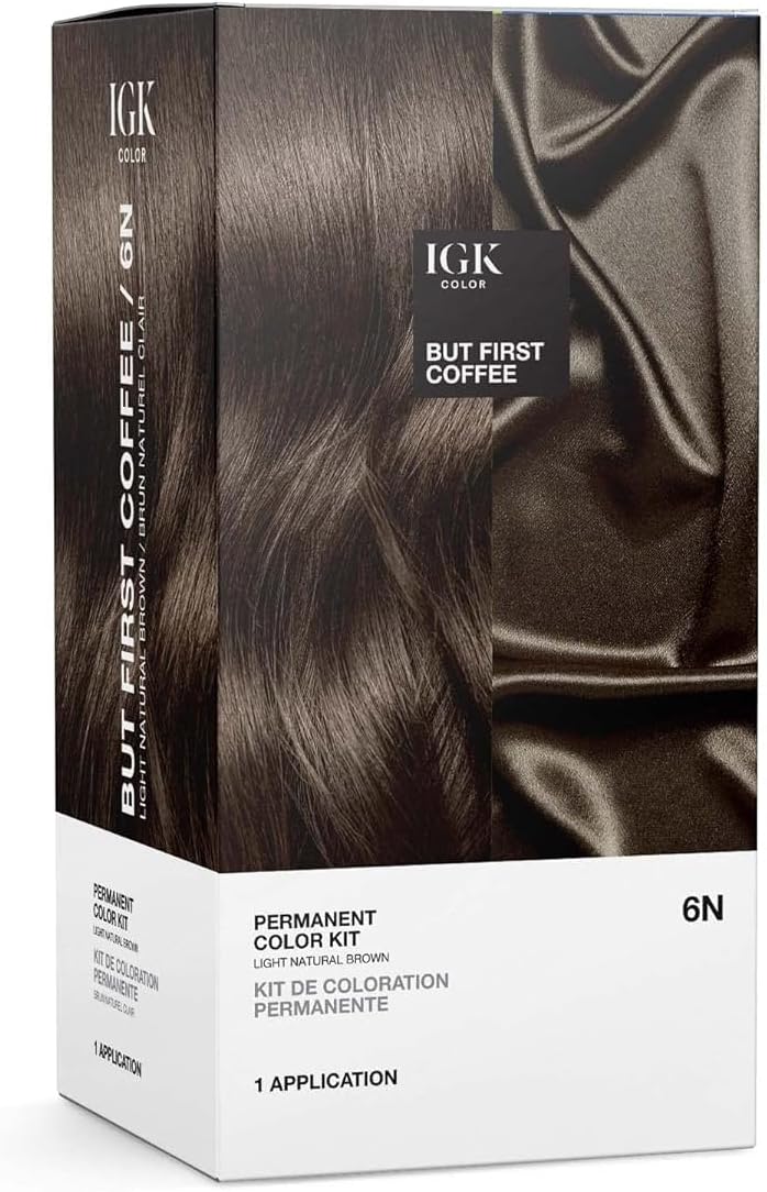 IGK Permanent Hair Dye Color Kit, But First Coffee 6N, Light Natural Brown | 100% Gray Coverage, Salon-Quality At-Home Kit, Ammonia-Free, Strengthens, Adds Shine, Long-Lasting Color, Vegan +Cruelty-Free
