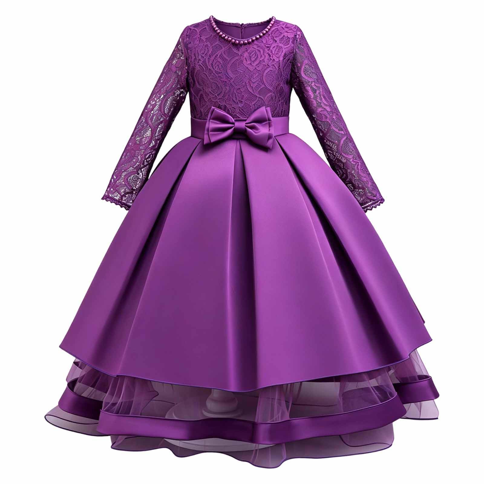 Generisch Elegante abito da festa da bambina con finiture in pizzo, maniche lunghe, top in raso con fiocco