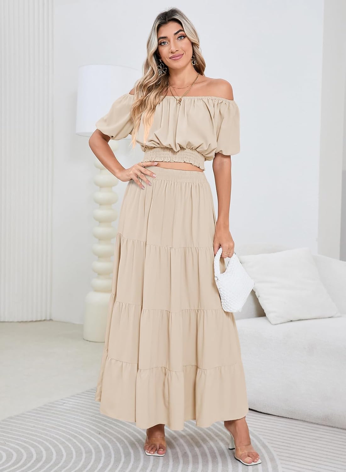 HUUSA 2026 Summer 2 Piece Boho Outfits for Women Short Sleeve Off Shoulder Crop Top and High Waist Flowy Long Skirt Set - Image 3
