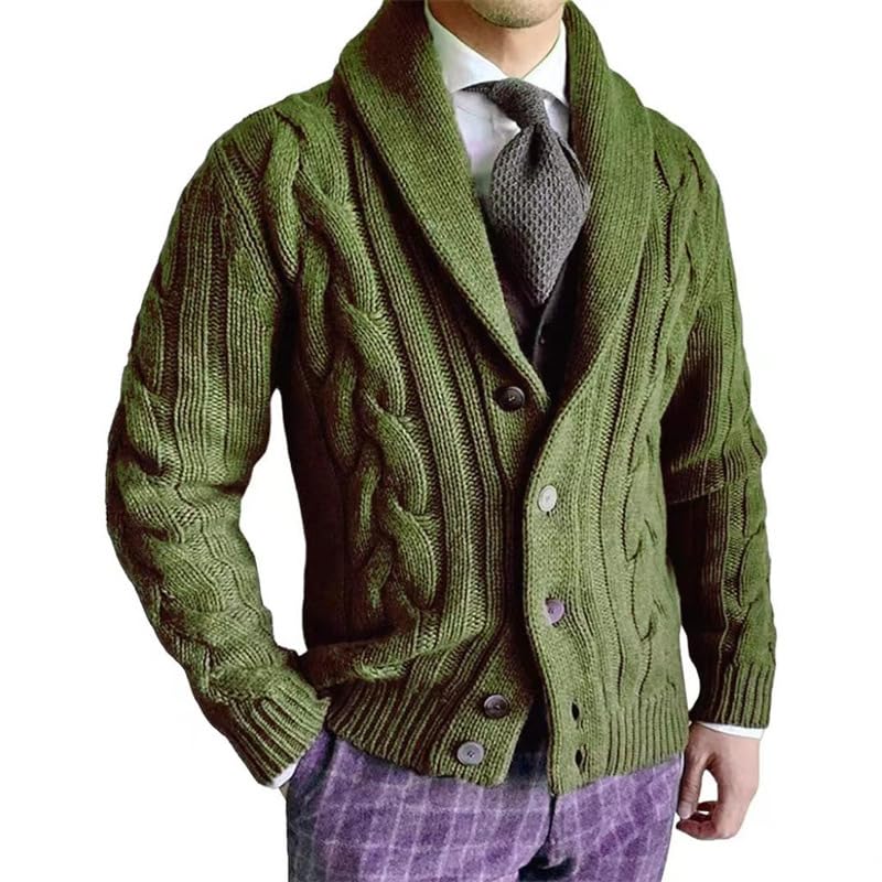 ftk Men's Cable Knit Lapel Cardigan Sweater Jacket with Buttons for Autumn and Winter | Army Green | M-picture-37