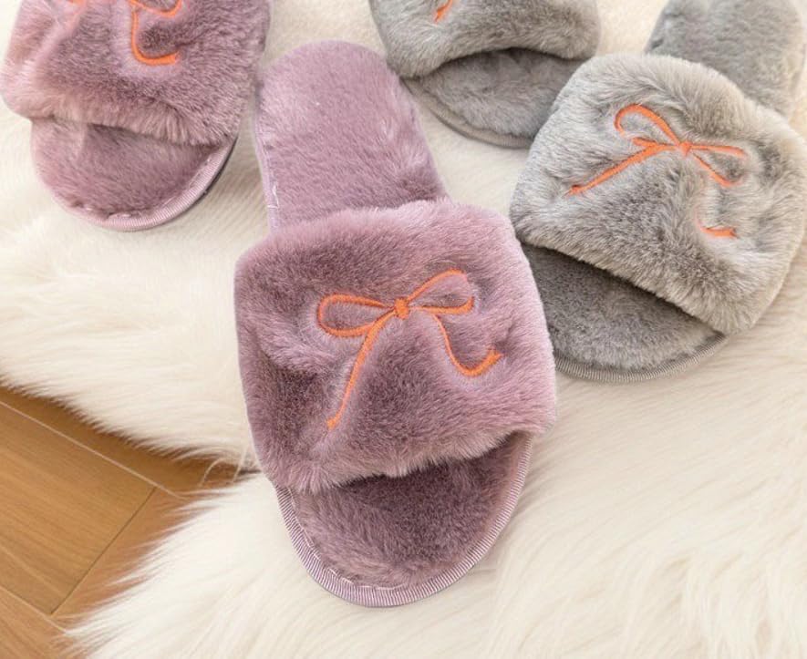 Furry Bow Knot Slippers for Women Open Toe Warm Fleece Lined Winter Slippers House Shoes Indoor Outdoor3