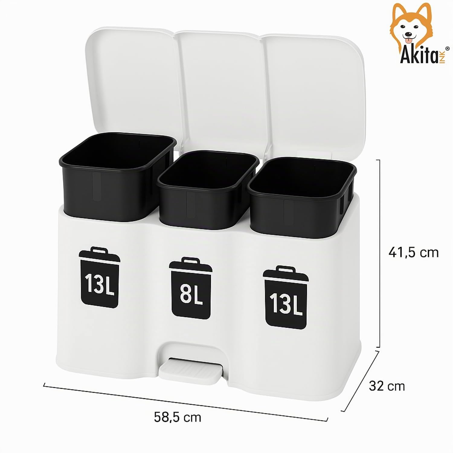 AKITAInk Pattumiera Differenziata Patty3 Bianca - 3 Scomparti (13L + 8L + 13L) con Pedale, Cestini Rimovibili e Etichette Riciclo, Design Moderno per Cucina e Ufficio