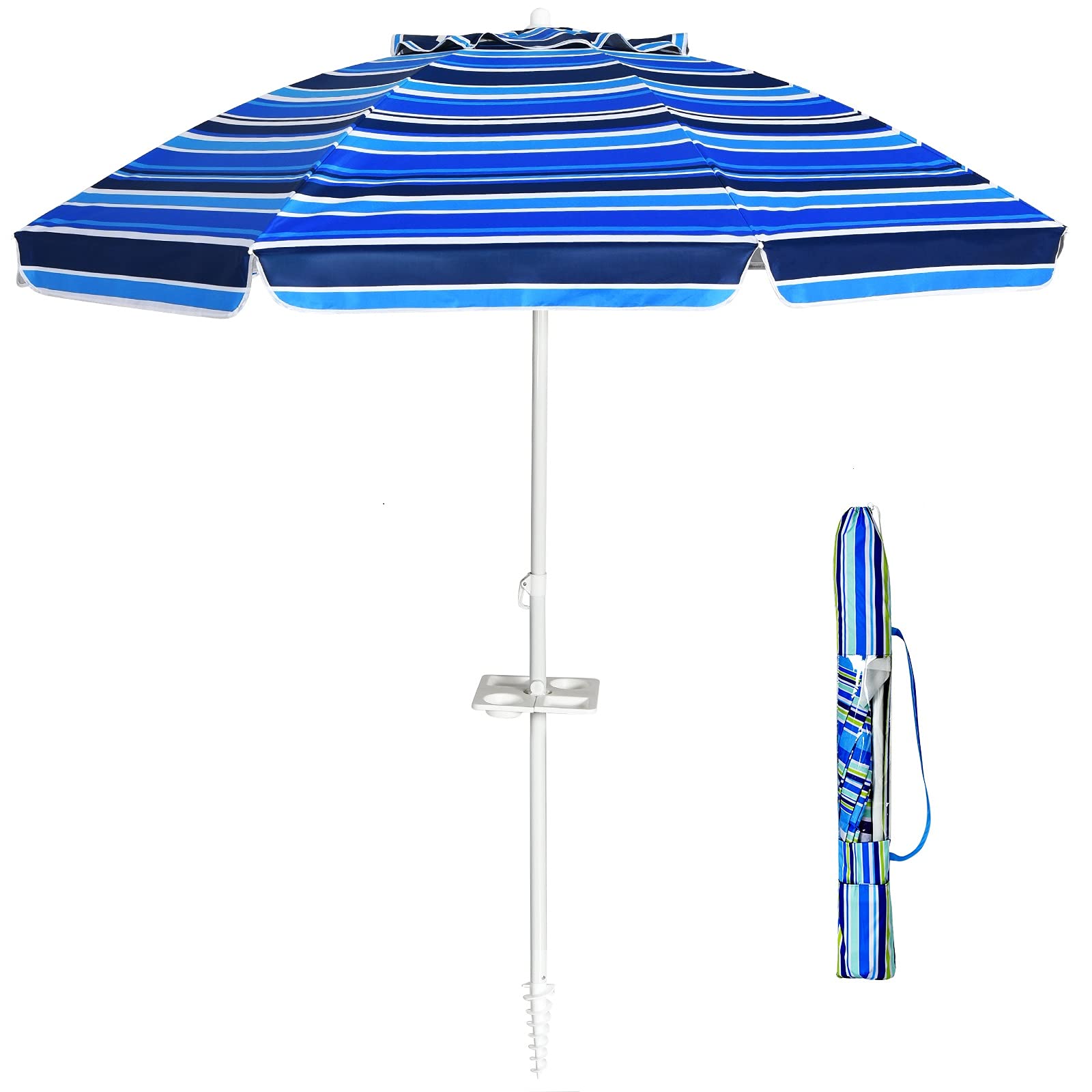 GIANTEX Ombrellone da Giardino Inclinabile da 220 cm con Ancoraggio, Portabicchieri e Borsa per il Trasporto, Parasole Rotondo per Spiaggio Giardino（blu）
