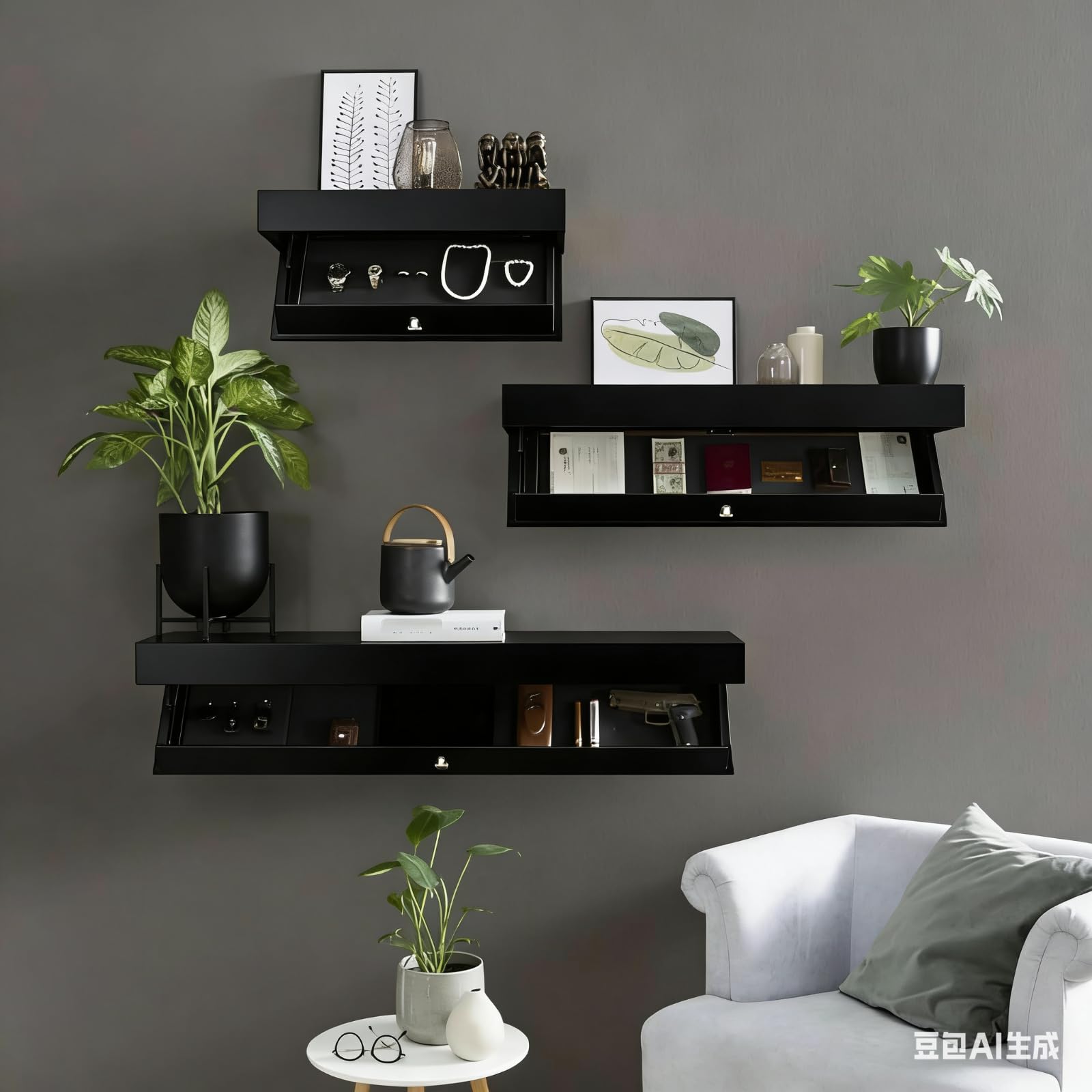 Armoire à fusils murale dissimulée, étagère design avec compartiments secrets, solution de rangement compacte pour salon
