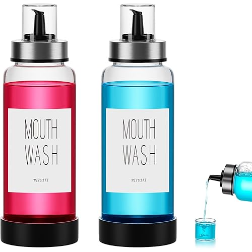 VITVITI 10OZ Mouthwash Dispenser for Bathroom, Glass Mouth Wash Container with Cup Lid, Clear Refillable Mouthwash Bottle Decanter with Silicone Pad/Labels, Set of 2