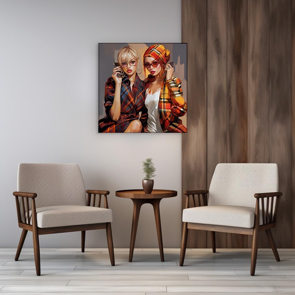 Canvas for Living room. Autumn Chic: Trendsetting Duo in Sunglasses and Plaid, 27 x 18 inch Canvas Wall Art - Modern Home Decor - 69x46 cm (27x18 inch)