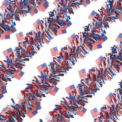 Liwidon Garland Decorations, 33 FT Patriotic Tinsel Garland with American Flags, Metallic Twist Garland for Tree Mantle Yard Door Parade Car Table Indoor Outdoor Holiday Party (4th of July, Flag)
