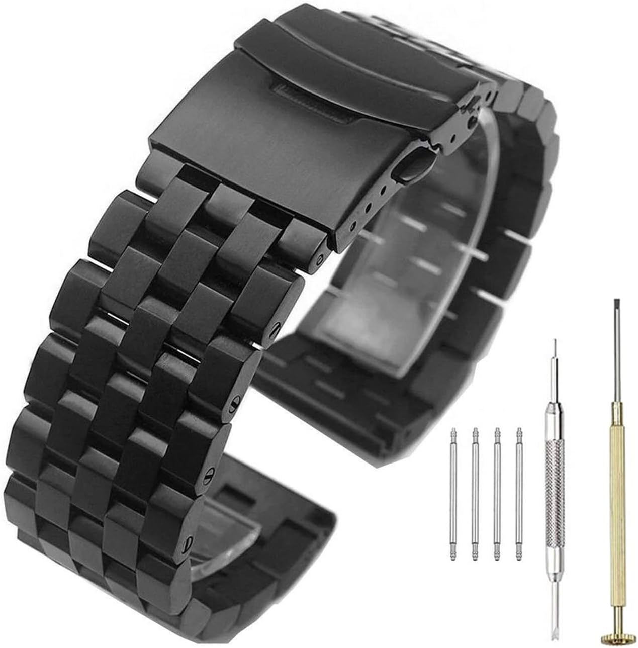 Black Silver Super Engineer Screw Fixed Links Watch Strap 316L Brushed Finish Solid Stainless Steel Watch Band 20mm 22mm 24mm with Double Flip Lock Diver's Clasp for Men Women