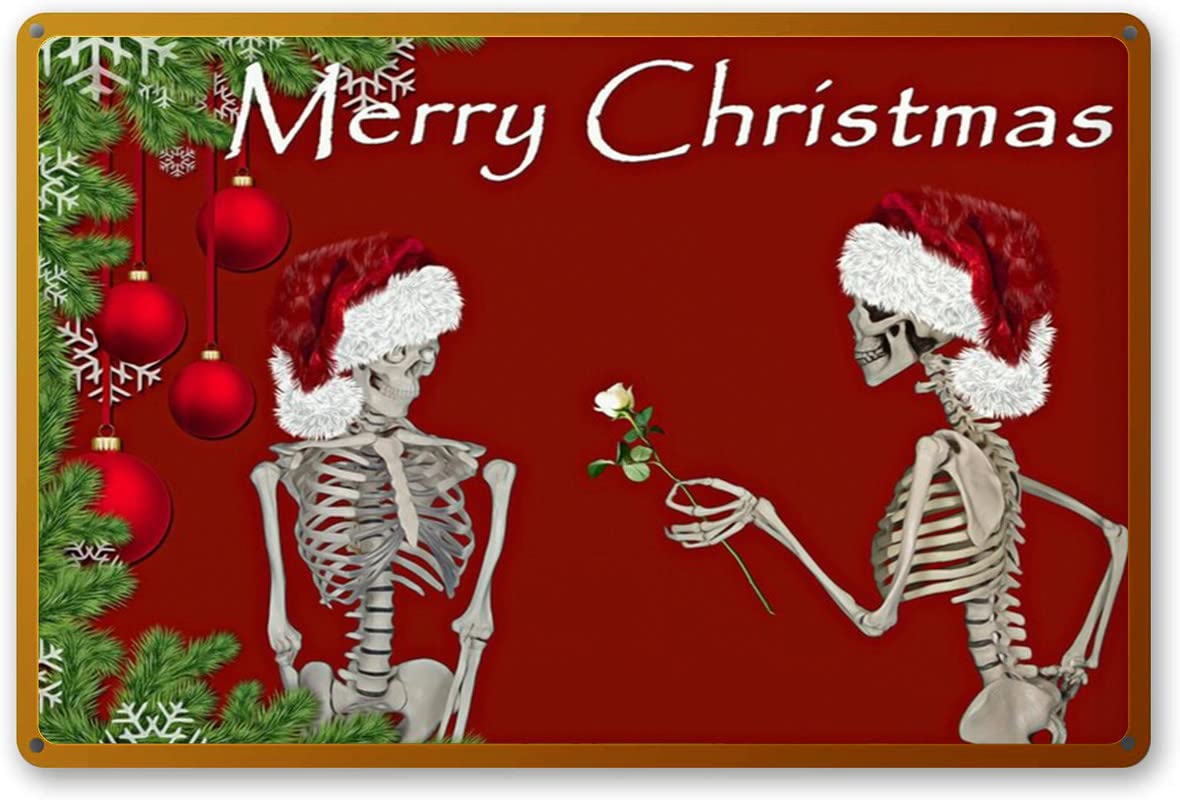 peiyeety Merry Christmas Tin Sign Two Skeletons in Christmas Hat Tin Sign Christmas Wall Art Holiday Skeleton Sign Christmas Decoration 8x12 inch