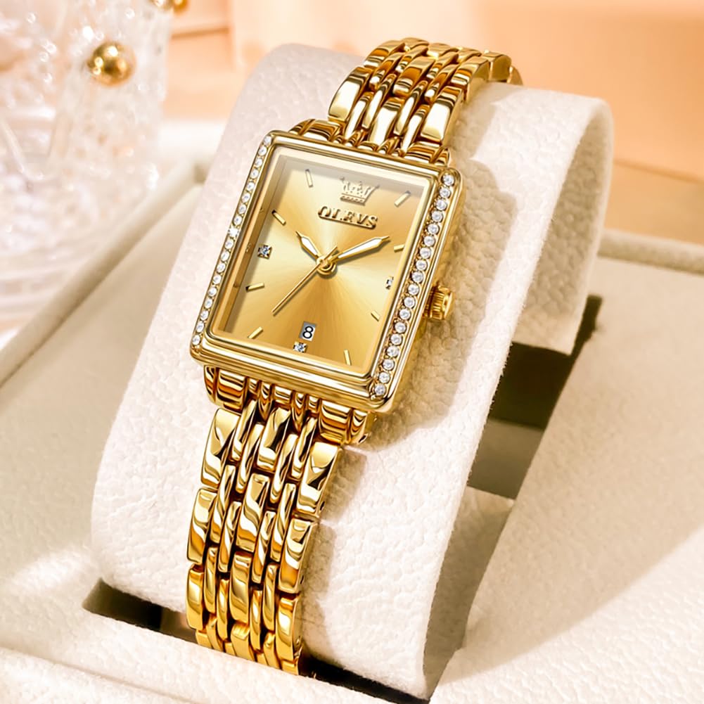 OLEVS Reloj Mujer, Rectangular Acero Inoxidable Analógico de Cuarzo Mujer de Reloj, Clásico Diamantes con Fecha Relojes, Pulsera Esfera Grande