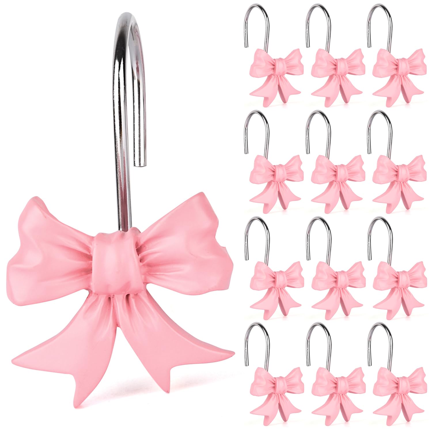 Photo 1 of 12pcs Bow Knot Shower Curtain Hooks,Home Decorative Shower Curtain Rings for Bathroom,Resin Shower Curtain Hangers Bathroom Accessories (Pink)