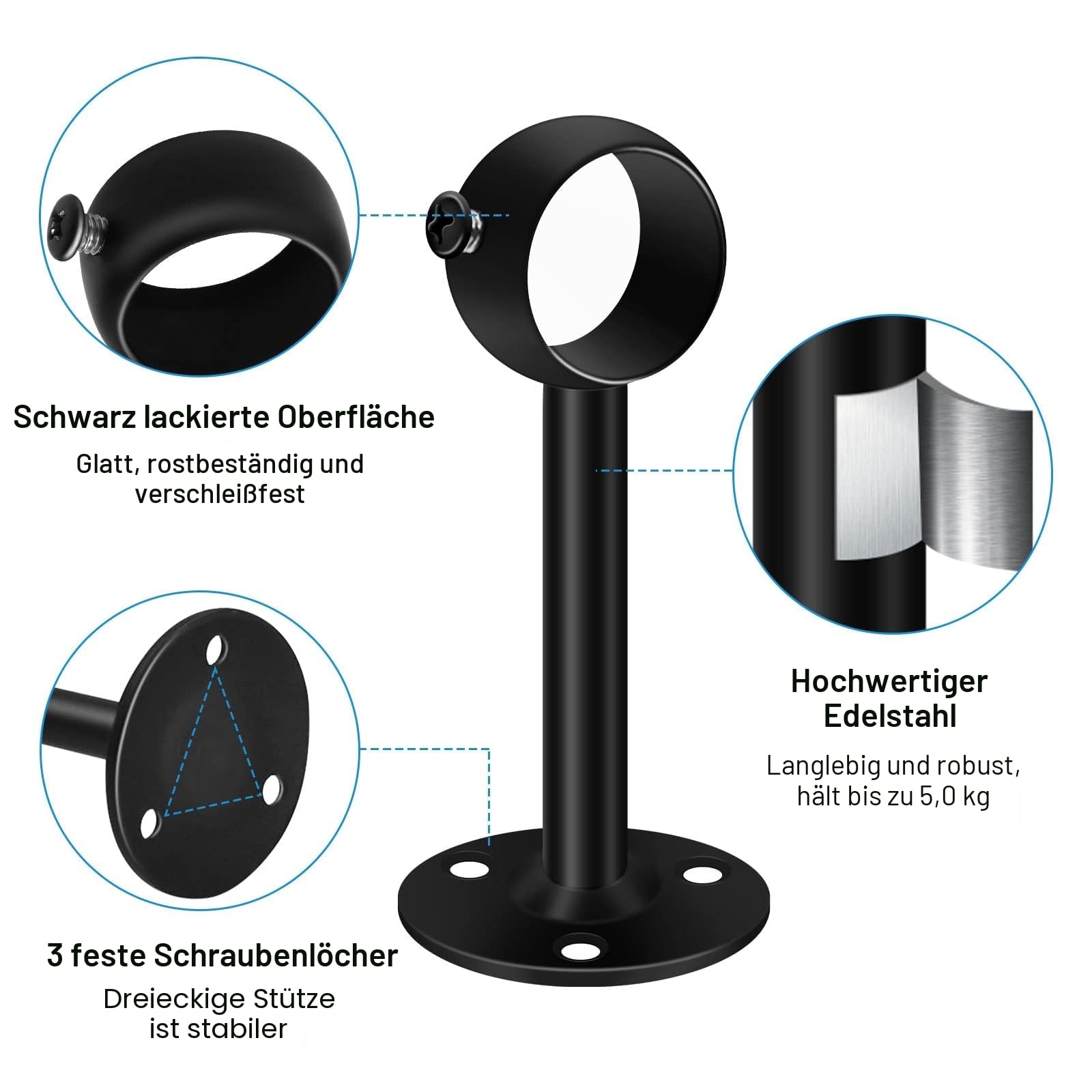 Ceiling Curtain Pole Brackets, Gardinenstangen Halterungen, 32mm, schwarzes Metall, Decken- oder Wandmontage, strapazierfähige, Edelstahl, Wandhalterungen für Kleiderstangen mit Schrauben, 2 Stück