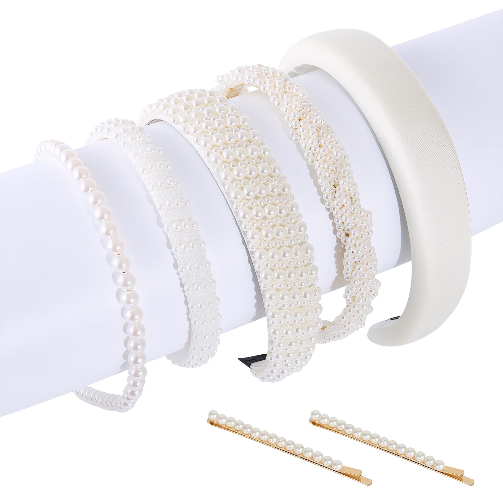 5 Pieces Beaded Headband White with 2 Hairpins, Pearl Headband for Women Girls Wedding Hair Accessories