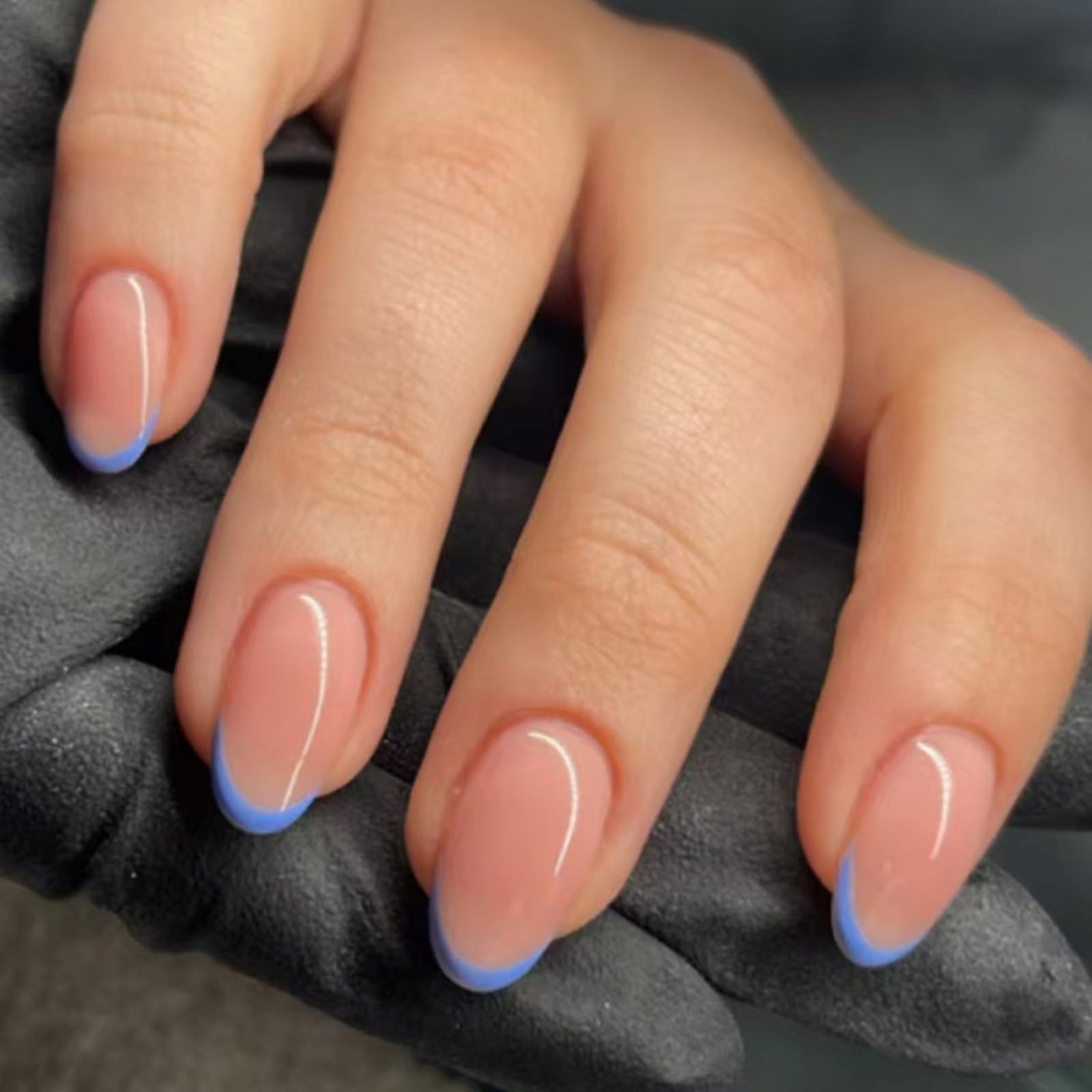 Blue French Tips Press on Nails Short Almond Fake Nails Nude Acrylic Nails Press ons,Sky Blue Glue on Nail Glossy Reusable False Nail for Women Girls