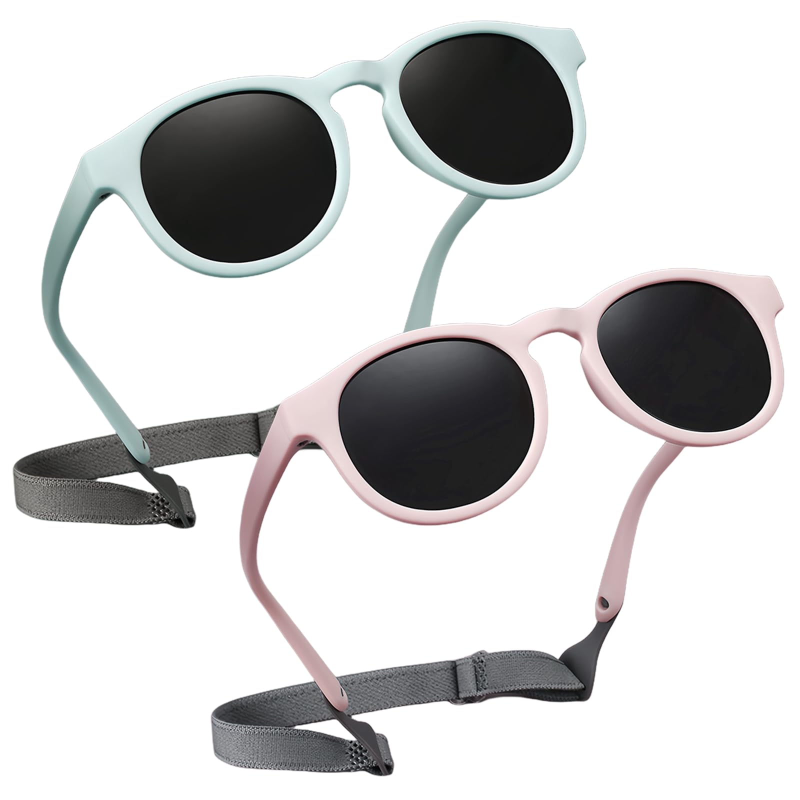 BYZESTY Gafas de sol polarizadas para bebé, 2 unidades, gafas de sol para niños con correa ajustable, montura de silicona, gafas de sol para niños de 0 a 3 años, Azul, rosa.
