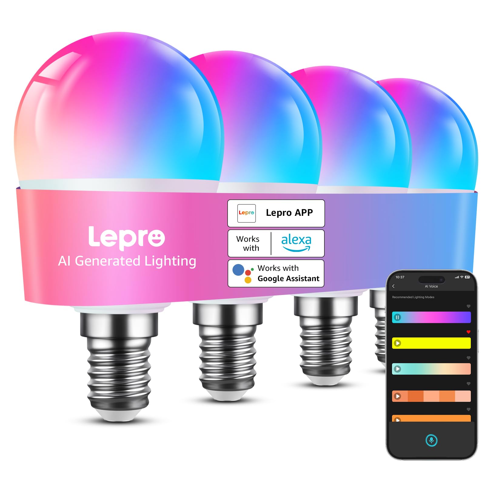 Lepro BP1 IA Ampoule Connectée E14, Concepteur d'Éclairage IA Personnalisé, Compatible avec Alexa et Google Assistant, G45 WiFi et Bluetooth, Multicouleurs RGBCCT, Contrôle Vocal, Music Sync, 4 PCS