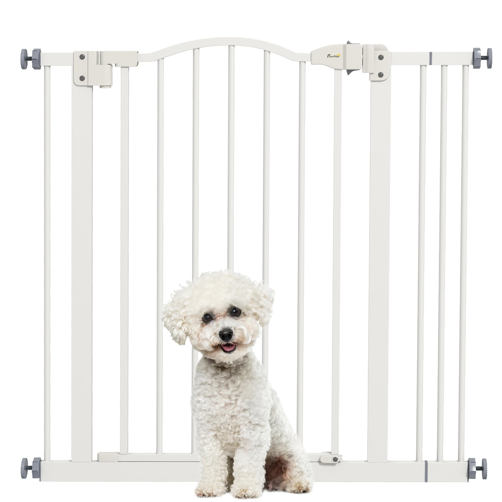 PawHut Barrera de Seguridad para Perros Extensible 74-87 cm, para Puertas y Escaleras, Barrera para Perros con Extensión 7 cm, Montaje a Presión y Doble Bloqueo, Blanco