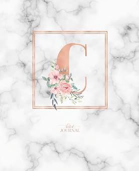Dotted Journal Dotted Grid Bullet Notebook Journal Rose Gold Monogram Letter C Marble with Pink Flowers 7.5 x 9.25 for Women Teens Girls and Kids