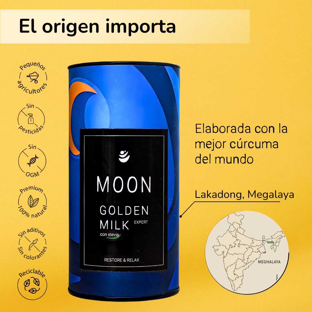 Moon Golden Milk Expert con Stevia 150gr (75 porciones) - Leche dorada en polvo - Mezcla de Curcuma en polvo, Ashwagandha, Jengibre, Stevia y Pimienta negra con alta concentración de curcumina