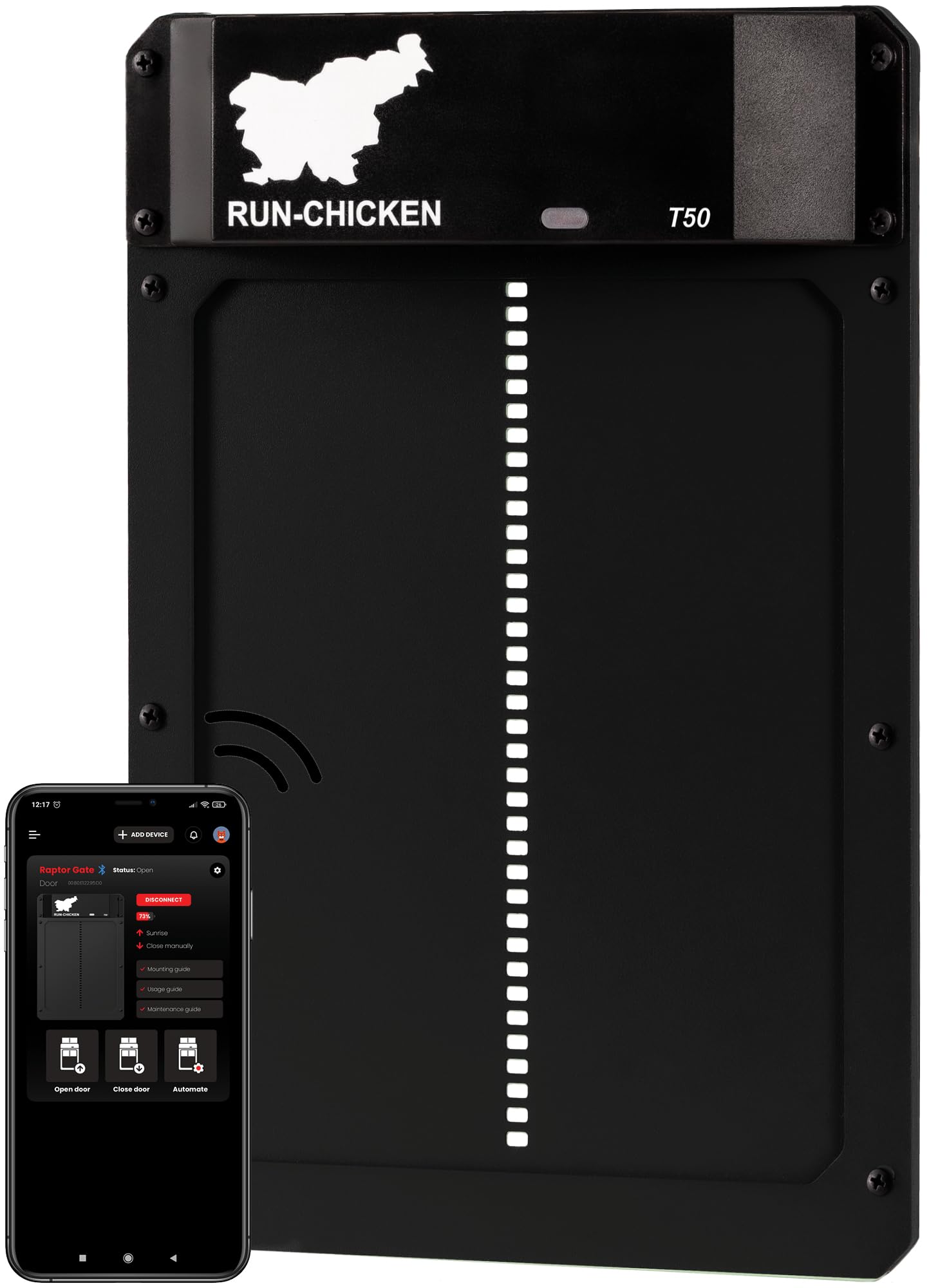 RUN-CHICKEN Door Automatische Hühnerklappe, Onyx – Aluminium, batteriebetrieben (2X AA), App-Steuerung, Lichtsensor & Timer mit Verzögerung, wetterfest – Hühnertür für Hühnerstall & Auslauf, T50