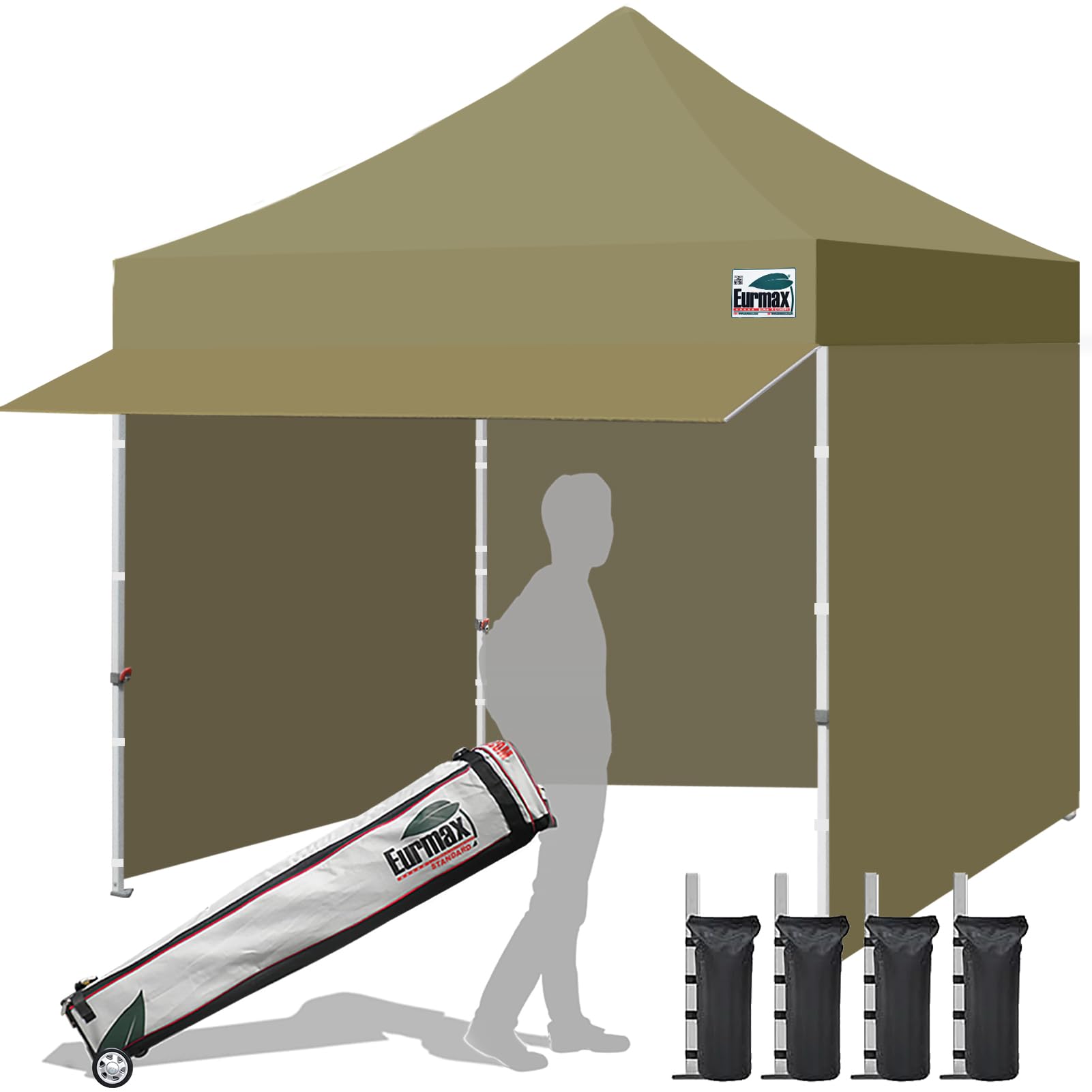 eurmax usa 10x10 pop up canopy,commercial tent with patented no-tip rolling bag,30sqft extension awning & 4 zippered removable walls,uv & water resistant,heavy duty instant shelter gazebo,khaki