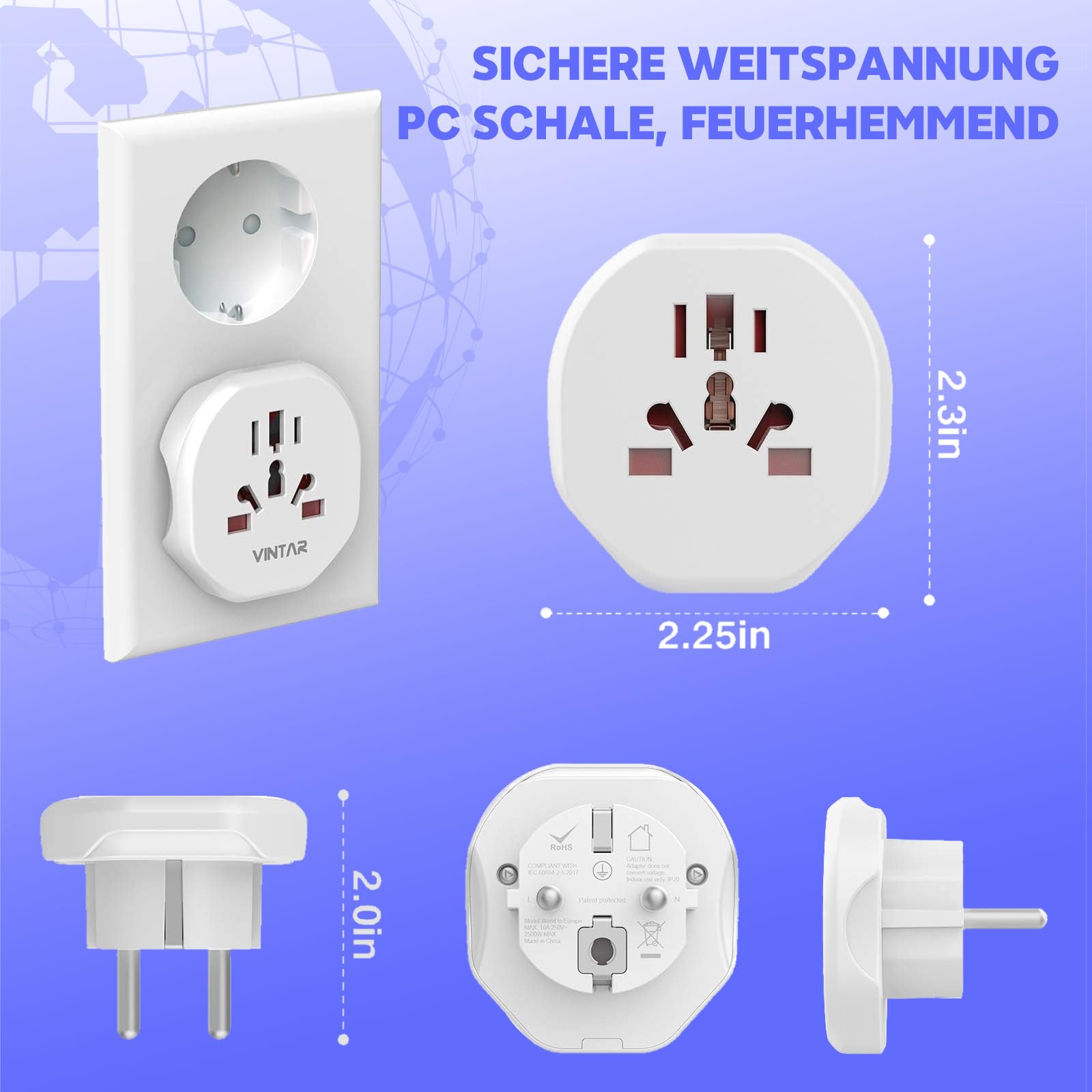 BrightArk Reiseadapter-Set (2 Stück) – Für Deutsche Steckdosen, Universal Für USA, UK, AU, CH U.a., 10A, Weiß