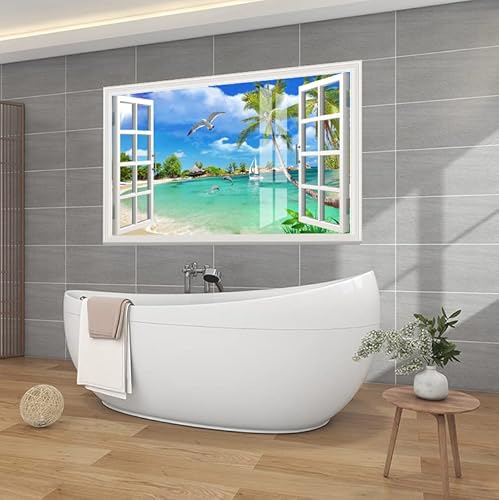 Sijifacai 3D Fake Windows/Waterproof Wall Stickers/Self -Stick Wall Murals /3D Murals -Seagull Sailing Boat, Creative Window Scene Wall Decoration - 50"X35" #TOP4