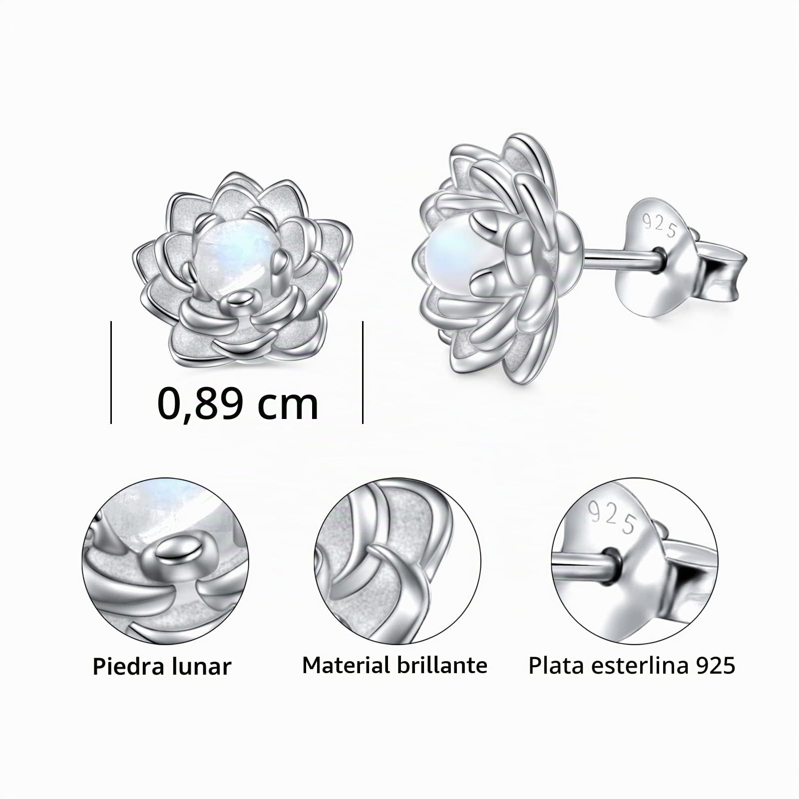 Flyow Moonstone Lotus - Juego de joyas de plata de ley 925 con piedra lunar, collar y aretes de tuerca de flor de loto curativa natural, Buda espiritual, yoga, regalo para mujer, 9 millimeters, Plata