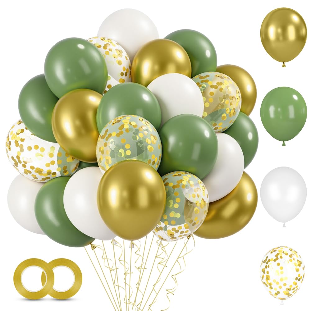 Alaoo Green and Gold Balloons, 60Pcs 12 Inch Balloons Set with Golden Confetti Balloon, Beautiful Balloon for Graduation Birthday Wedding Party Decorations, Moonlight Green