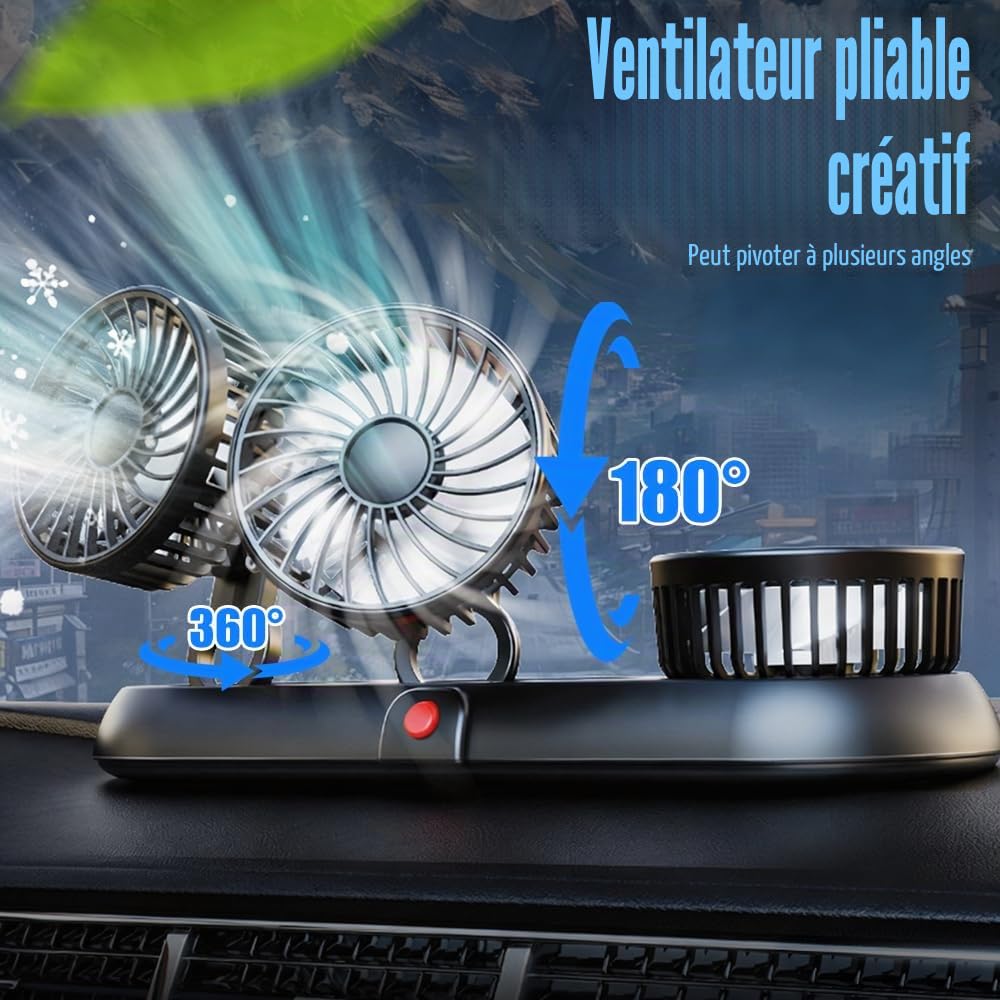 Ventilateur de voiture 12 V, ventilateur de voiture avec 3 vitesses, ventilateur de voiture portable rotatif à 360 °, ventilateur de voiture 12 V, ventilateur à trois têtes pour voitures, vans