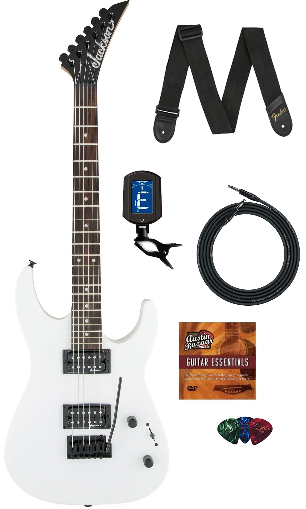 Jackson JS Series Dinky JS11 Electric Guitar - Snow White Bundle with Cable, Tuner, Strap, Picks, and Austin Bazaar Instructional DVD