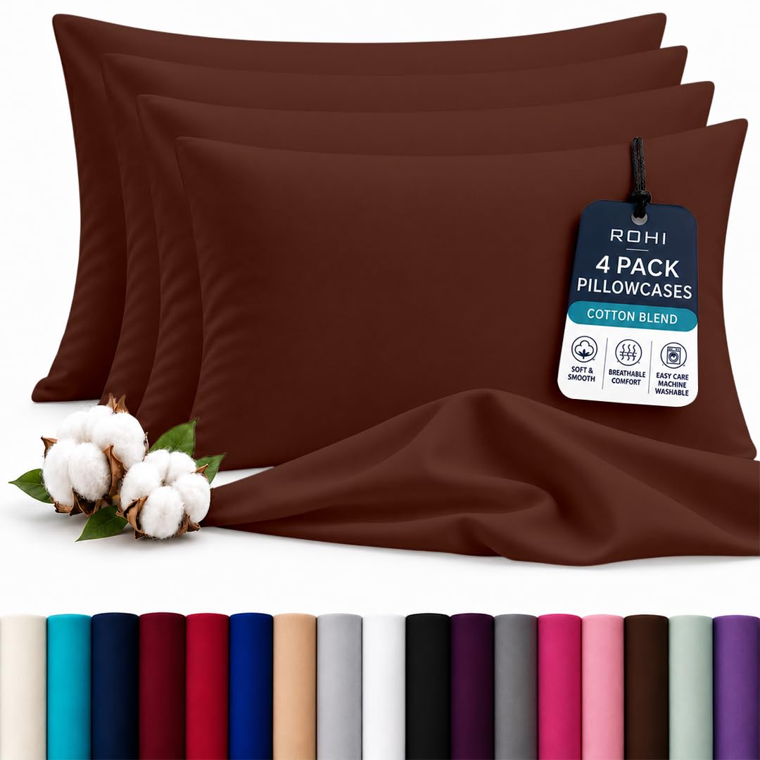 Rohi Luxury Chocolate Pillowcases 4 Pack - (50×75cm) | Soft & Comfy Cotton Blend Pillow Covers with Envelope Closure | Breathable, Anti-Allergy, Fade & Wrinkle Resistant